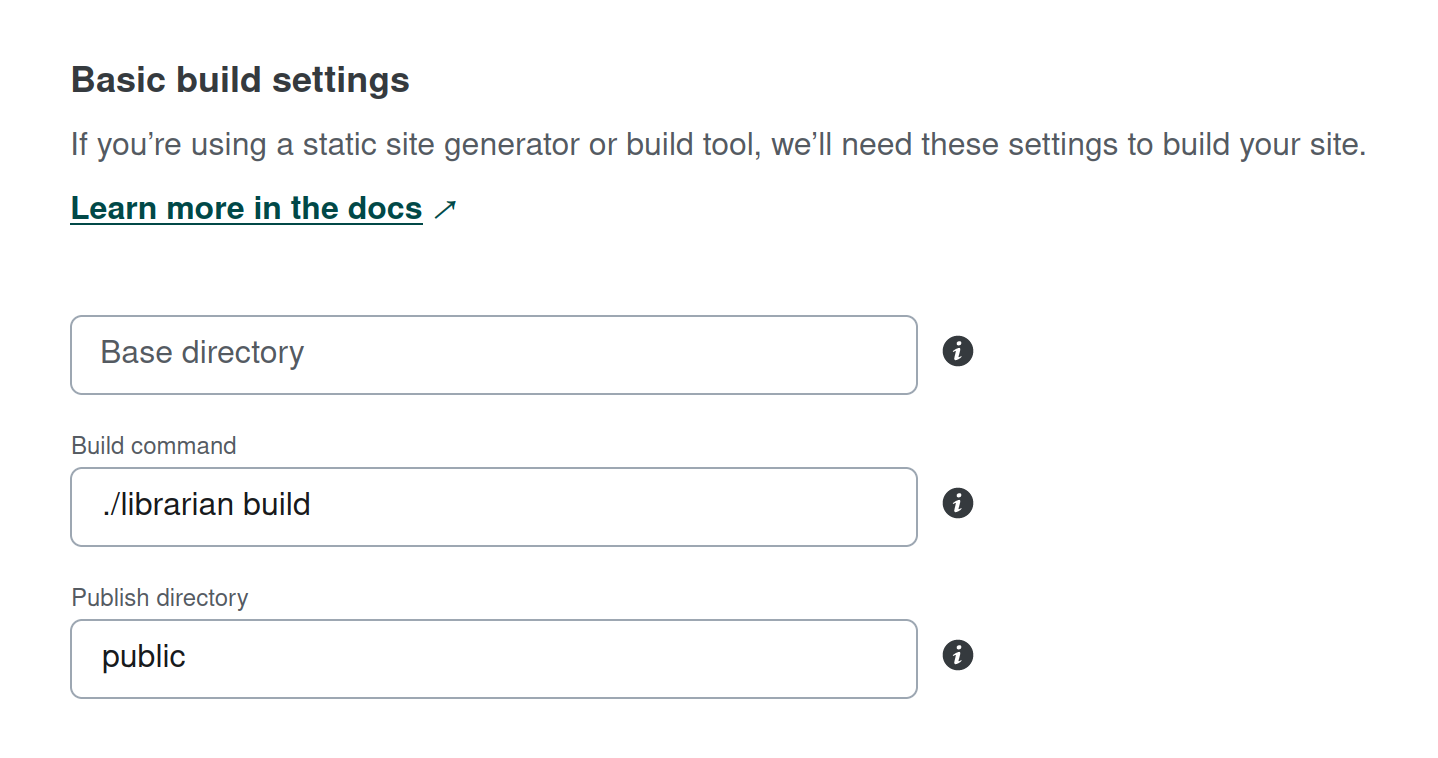 Deployment settings for Librarian on Netlify