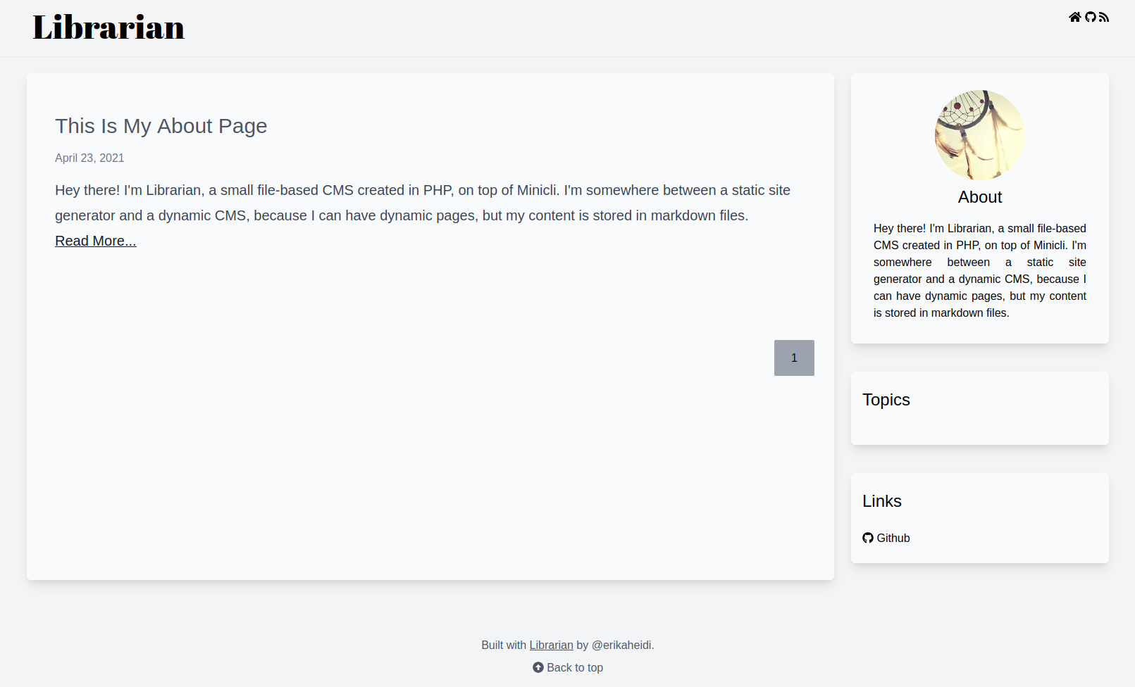 Librarian default index page screenshot
